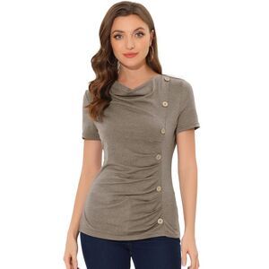Cowl Neck Women's Short Sleeve Button Decor Ruched Casual Basic T-Shirt Brown